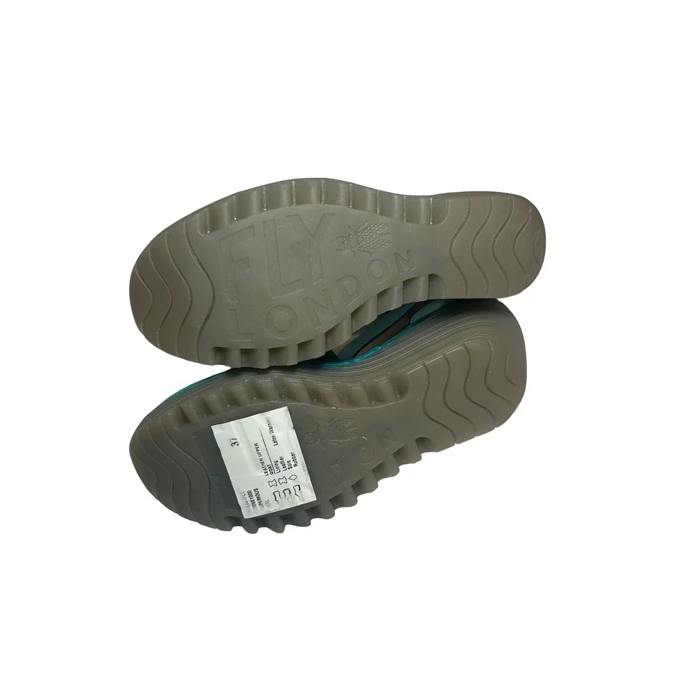 Fly London Yall Teal Leather Wedge Sandals Peep Toe Ankle Strap Womens 37 NEW